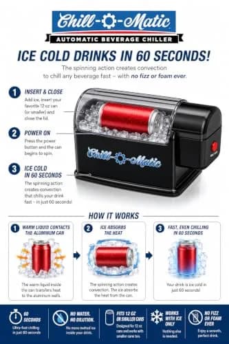 Chill-O-Matic Instant Beverage Cooler – Chill 12 oz Soda & Beer Cans in 60 Seconds – Portable Electric Drink Chiller for Tailgating, BBQs, Camping & Parties (Black) thumbnail 6