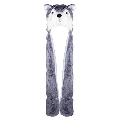 Super Z Outlet Plush Animal Hat in Grey | Cozy Winter Beanie with Attached Mittens & Scarf (7.9in x 9.8in x 4.9in) thumbnail 1
