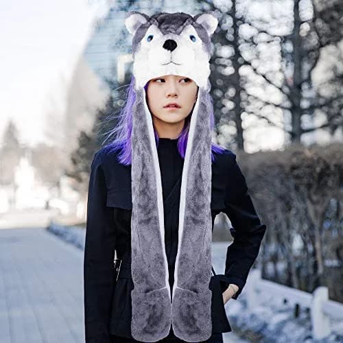 Super Z Outlet Plush Animal Hat in Grey | Cozy Winter Beanie with Attached Mittens & Scarf (7.9in x 9.8in x 4.9in) thumbnail 4