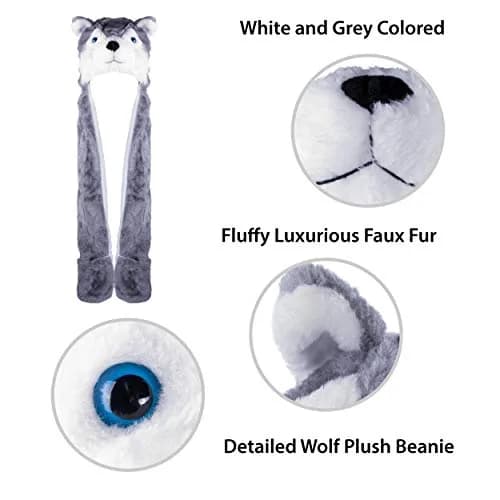 Super Z Outlet Plush Animal Hat in Grey | Cozy Winter Beanie with Attached Mittens & Scarf (7.9in x 9.8in x 4.9in) thumbnail 5
