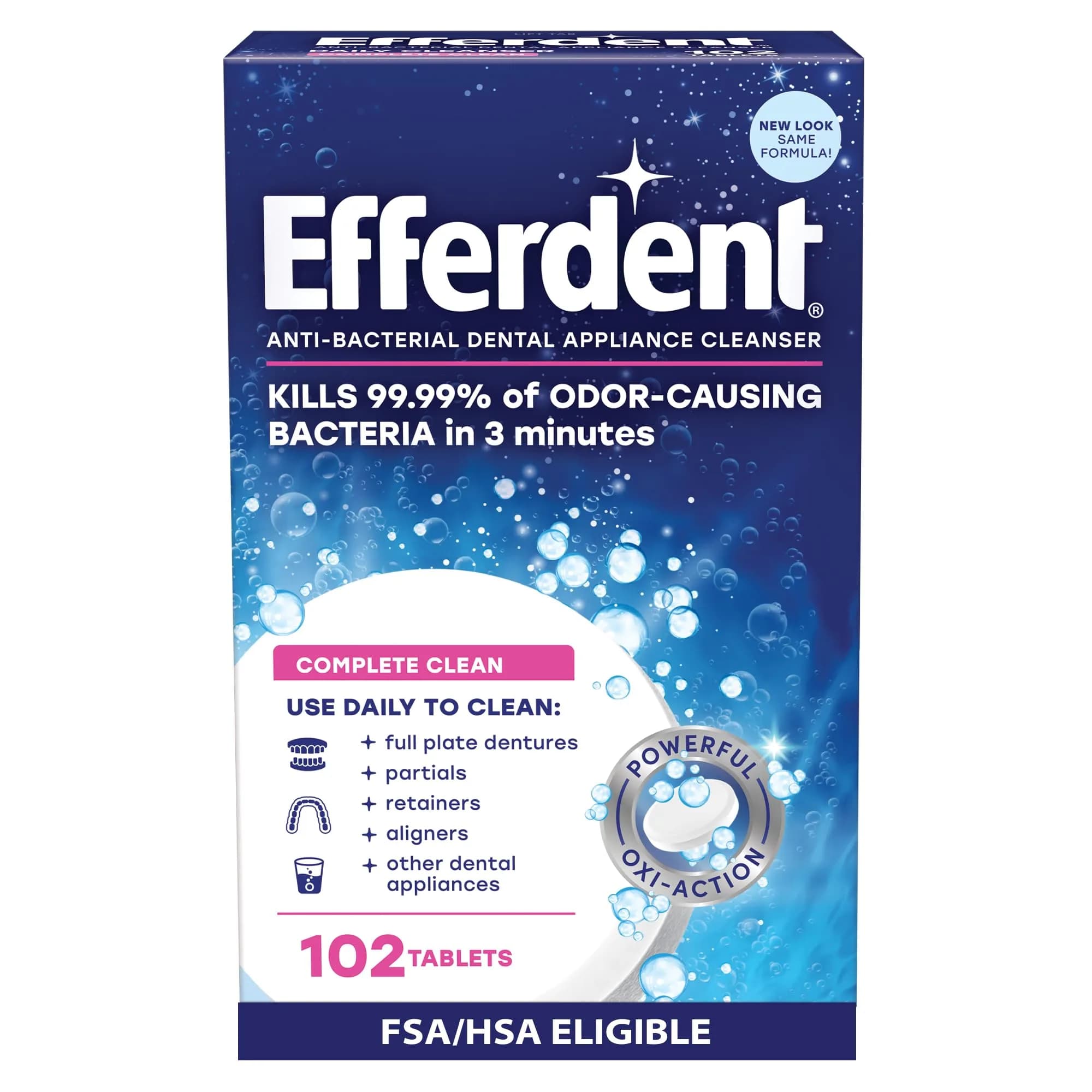 Efferdent Complete Clean Denture Cleaner Tablets 102 Count | Kills 99.99% Bacteria in 3 Mins