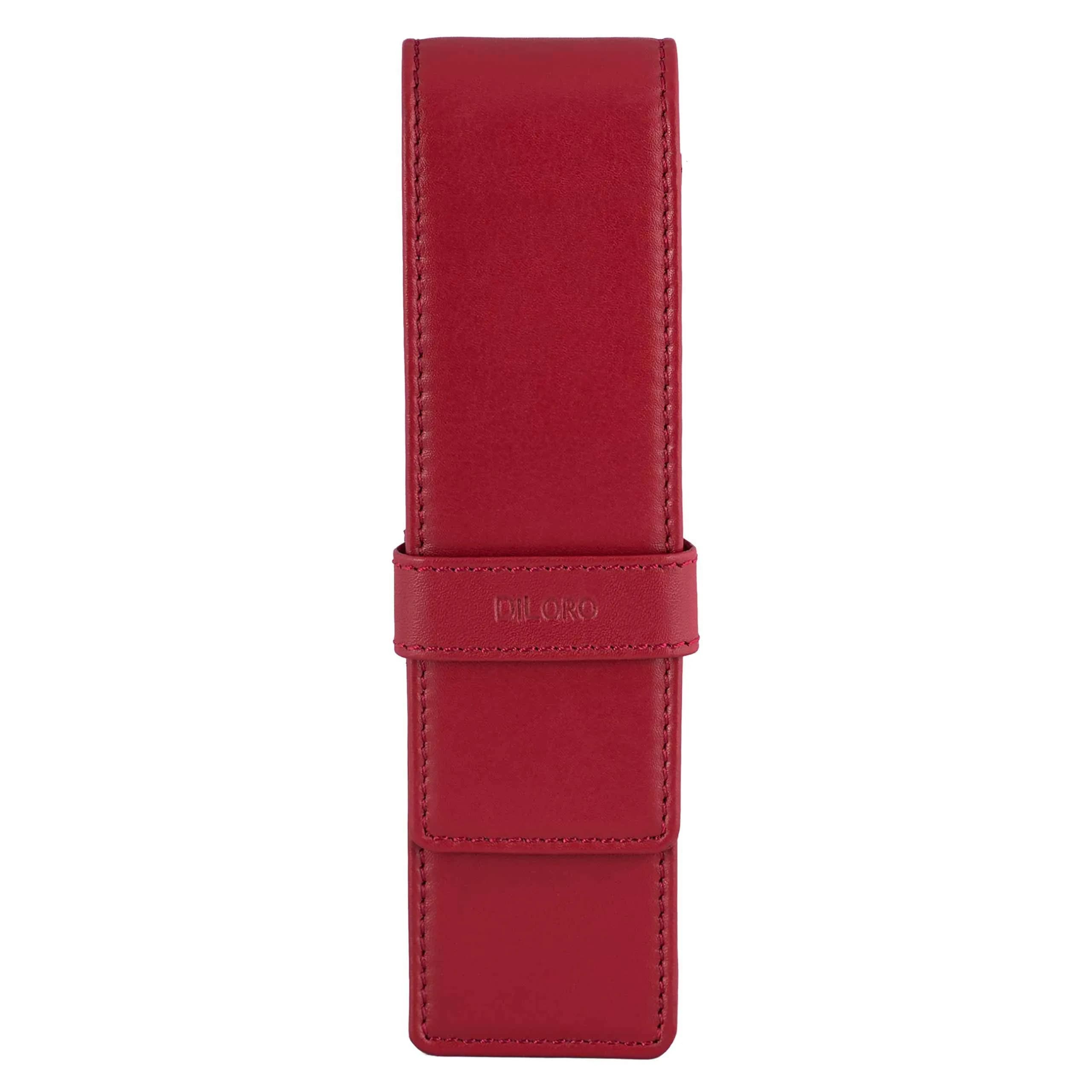 DiLoro Leather Double Pen Case Holder for 2 Pens & Pencils, Espresso Dark Brown | Genuine Full Grain Nappa Leather — Red / Double Pen Case