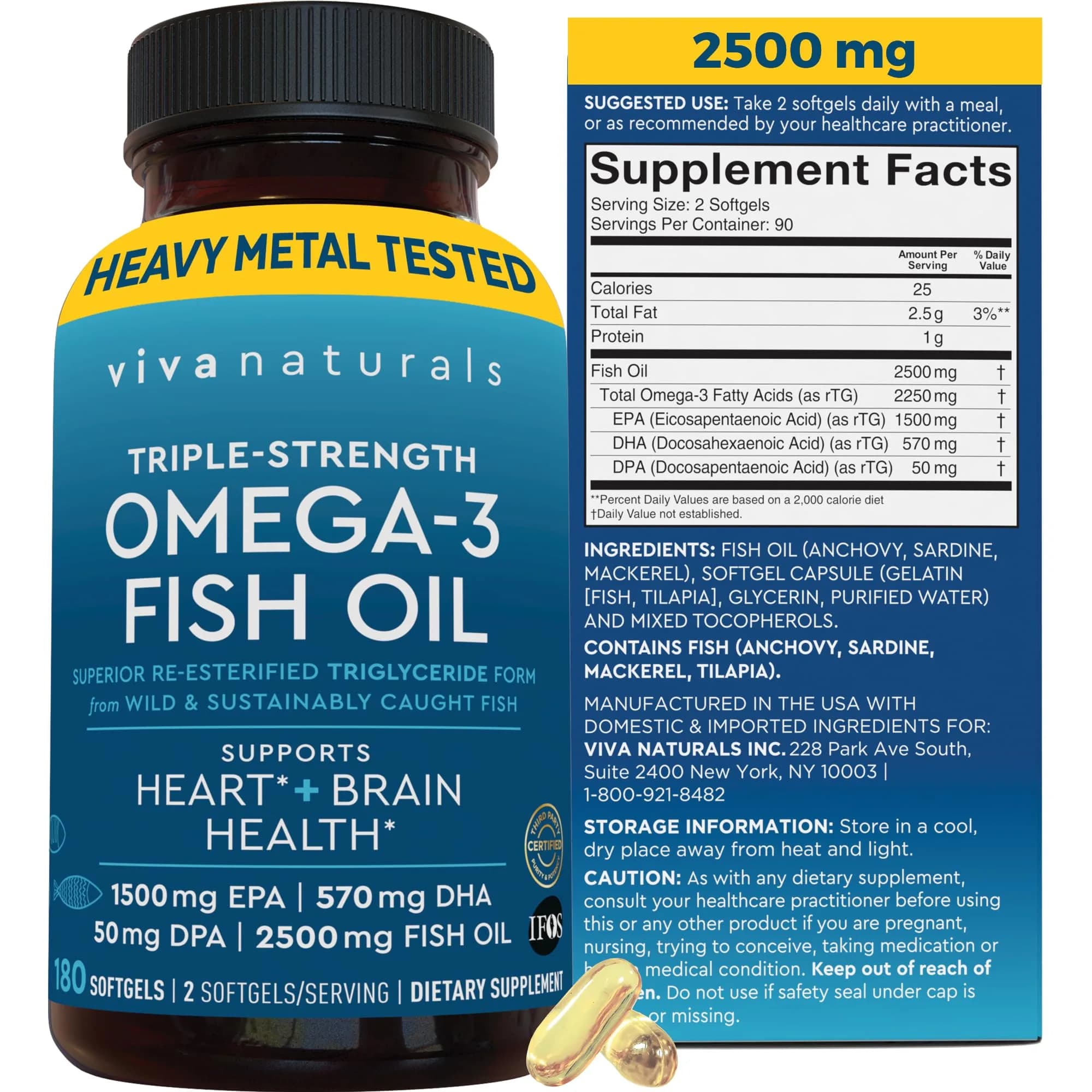 Viva Naturals Omega 3 Fish Oil Supplement 2500 mg | Supports Heart, Brain & Skin Health - main product image