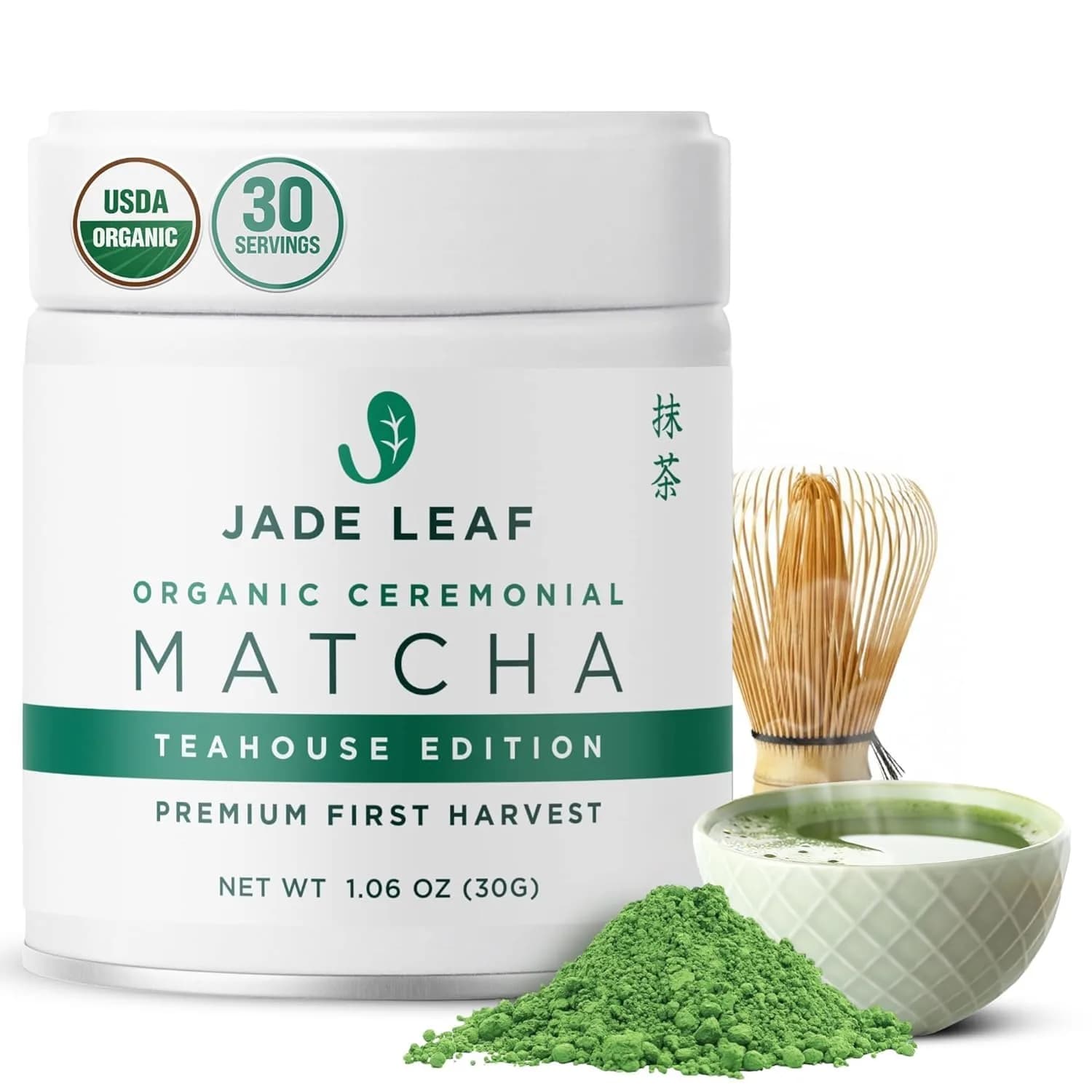 Jade Leaf Ceremonial Grade Matcha Powder, 30g / 1.06oz Tin | First-Harvest Organic Japanese Matcha