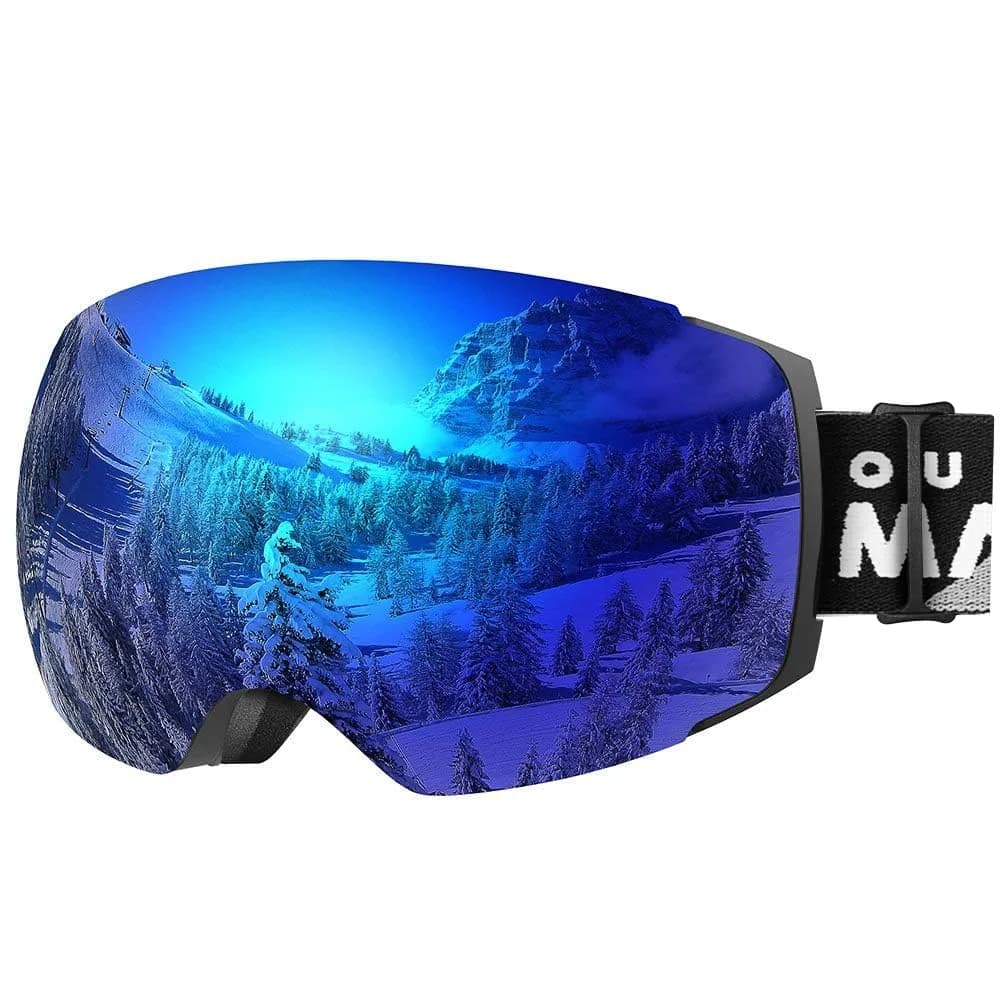 OutdoorMaster Ski Goggles PRO, OTG Snow Goggles with Interchangeable Lens, 21cm (8.27in) x 9.5cm (3.74in) — A2-blackframe Revobluelens Vlt15%