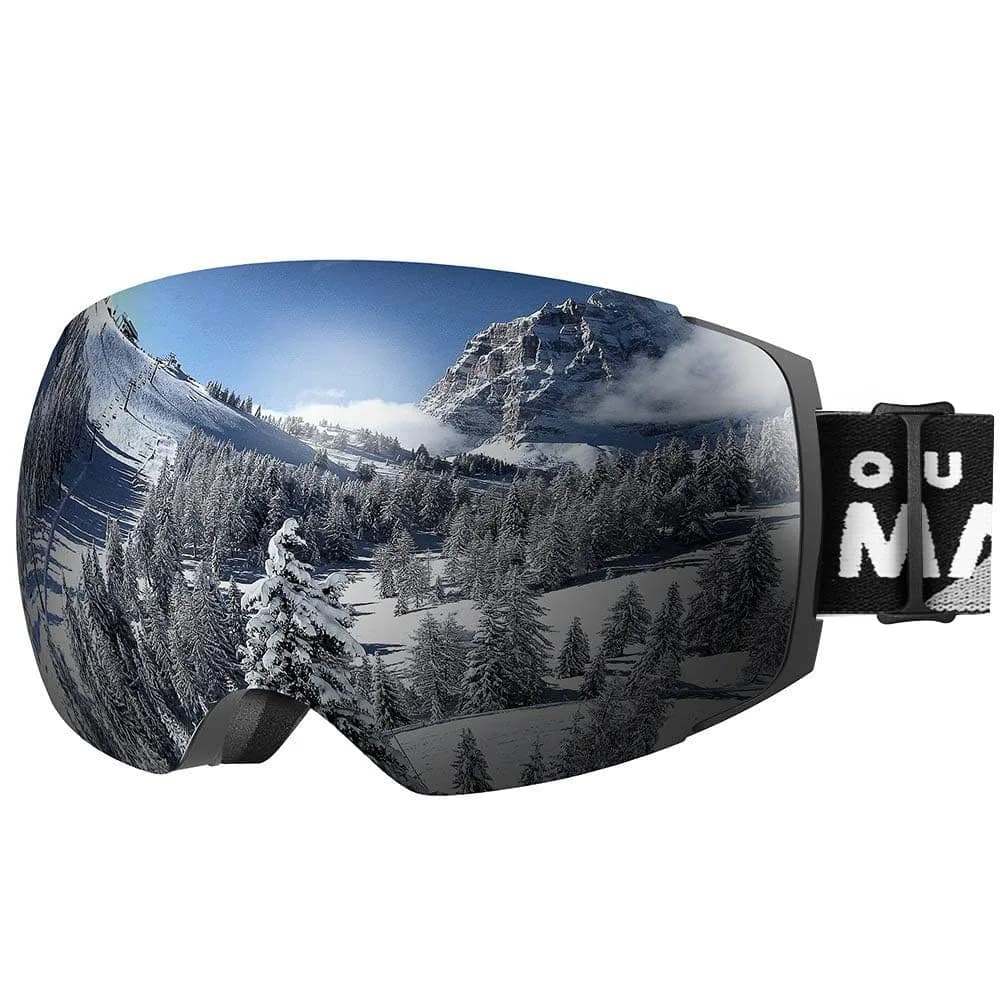 OutdoorMaster Ski Goggles PRO, OTG Snow Goggles with Interchangeable Lens, 21cm (8.27in) x 9.5cm (3.74in) — A0-blackframe Revosilverlens Vlt10%