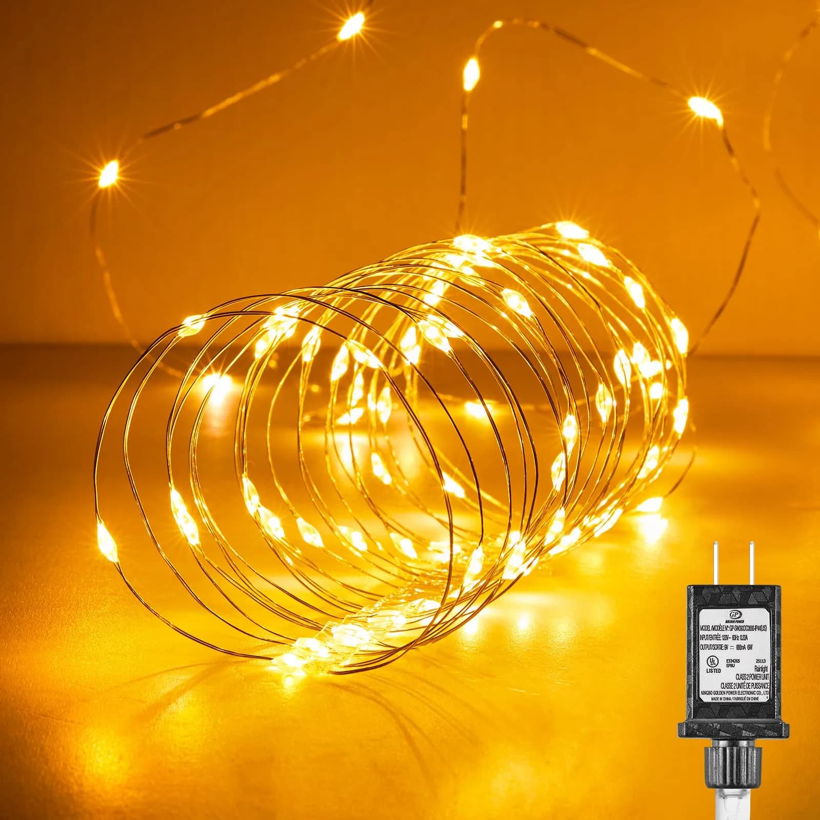 Minetom 100Ft 300LED Warm White Fairy Lights | Steady On, Copper Wire, IP44 Waterproof