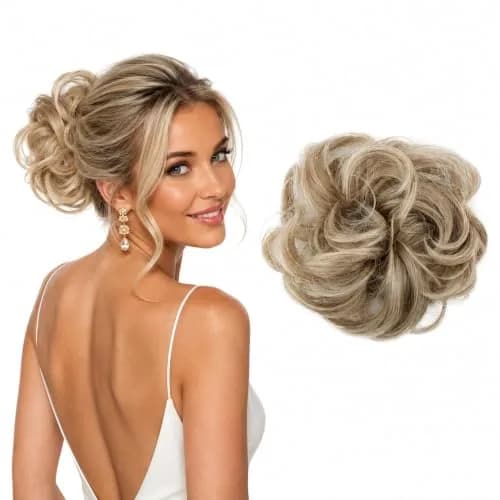 CAISHA Big Hairpiece Scrunchy Updo Bridal Hairstyle Light Blonde | Curly Messy Bun with Elastic Band thumbnail 1