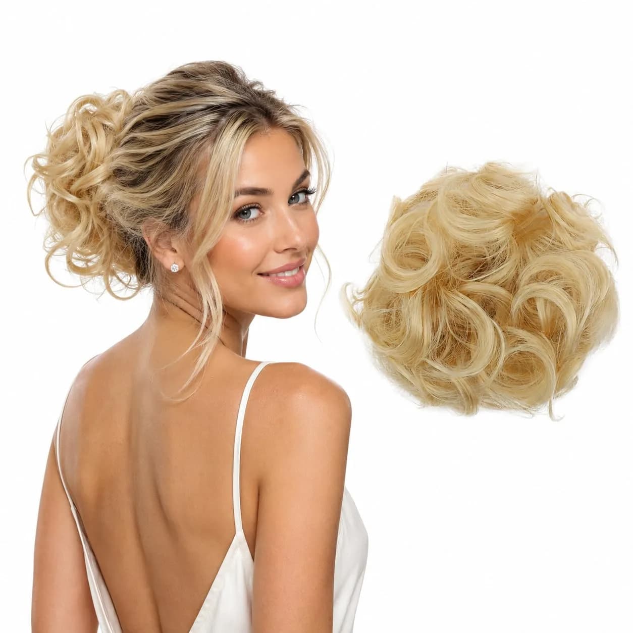 CAISHA Synthetic Scrunchie Donut Hair Piece Updo Black G1E | Heat-Resistant Synthetic Fiber, Washable, Easy to Use — platinum blonde #613B G11E