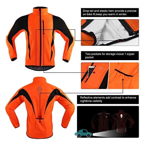 ARSUXEO Winter Cycling Jacket for Men, Fleece-Lined Softshell Orange S | Windproof & Breathable thumbnail 4