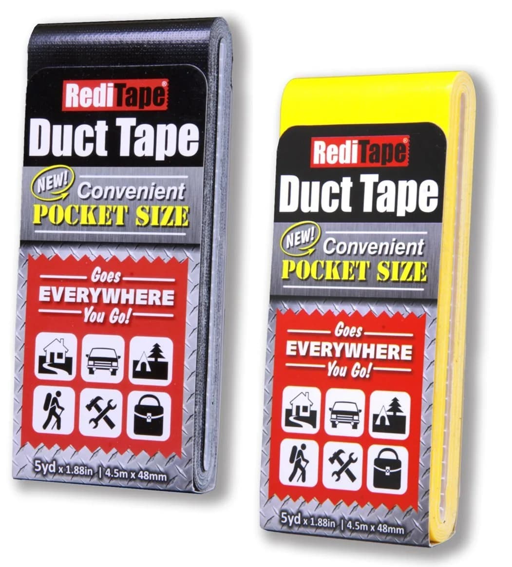 RediTape Travel Size Duct Tape 2-Pack (Silver & Bubble Gum Pink) | Pocket Size Flat Mini Roll, 5 Yards Each — Black & Yellow