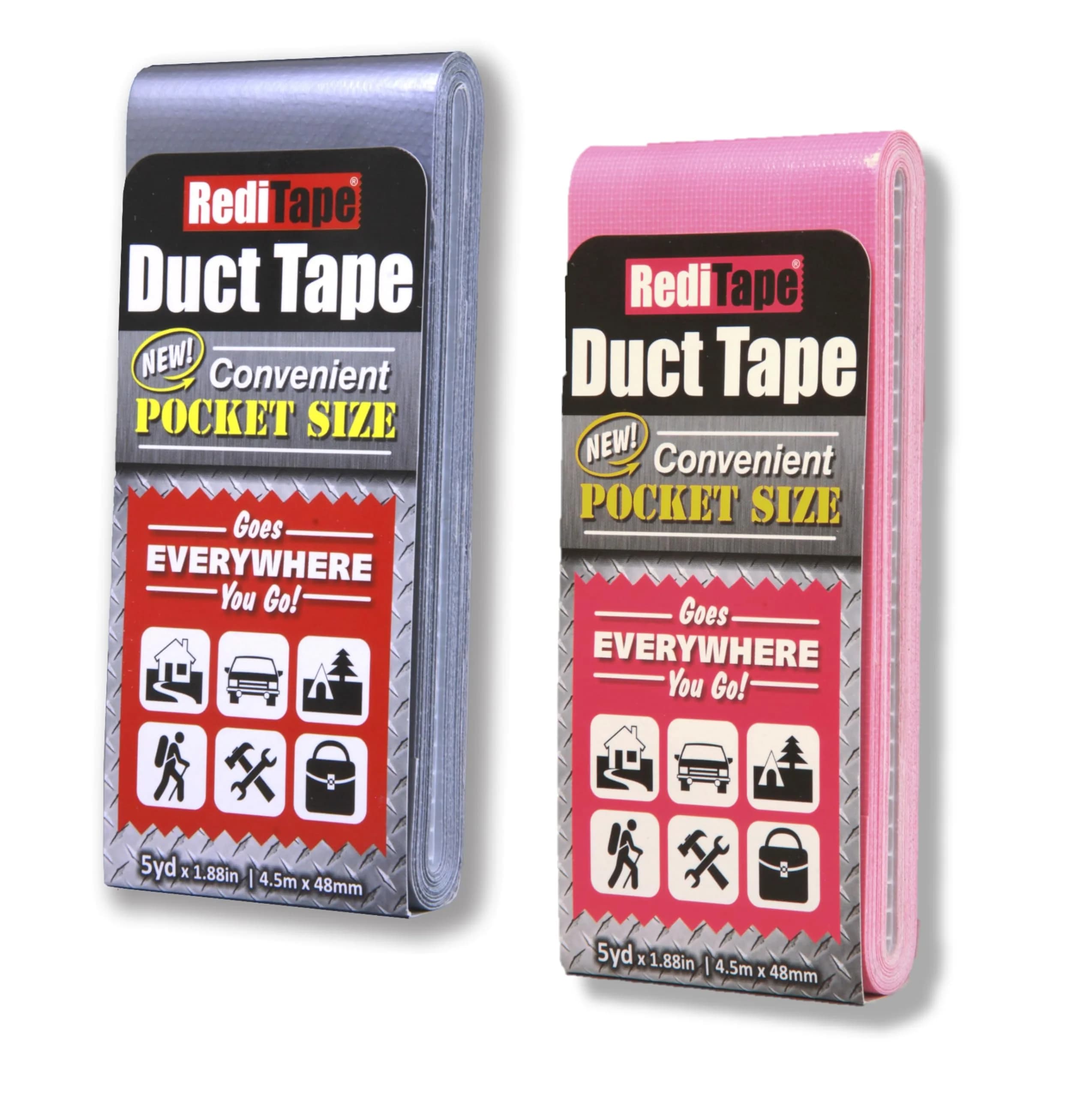 RediTape Travel Size Duct Tape 2-Pack (Silver & Bubble Gum Pink) | Pocket Size Flat Mini Roll, 5 Yards Each — Silver & Bubble Gum Pink