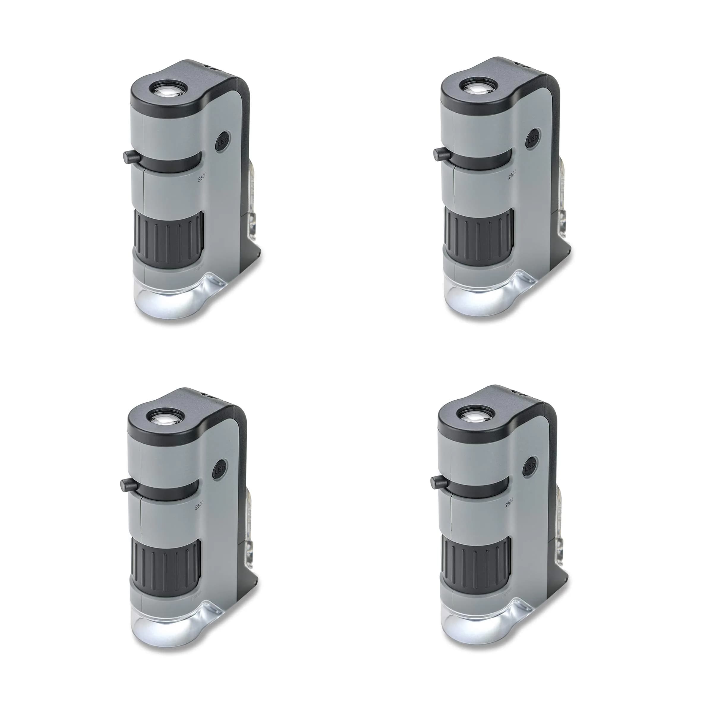 Carson MicroFlip 100x-250x LED & UV Pocket Microscope Set of 4 | STEM Handheld Microscope with Smartphone Adapter Clip — Gray