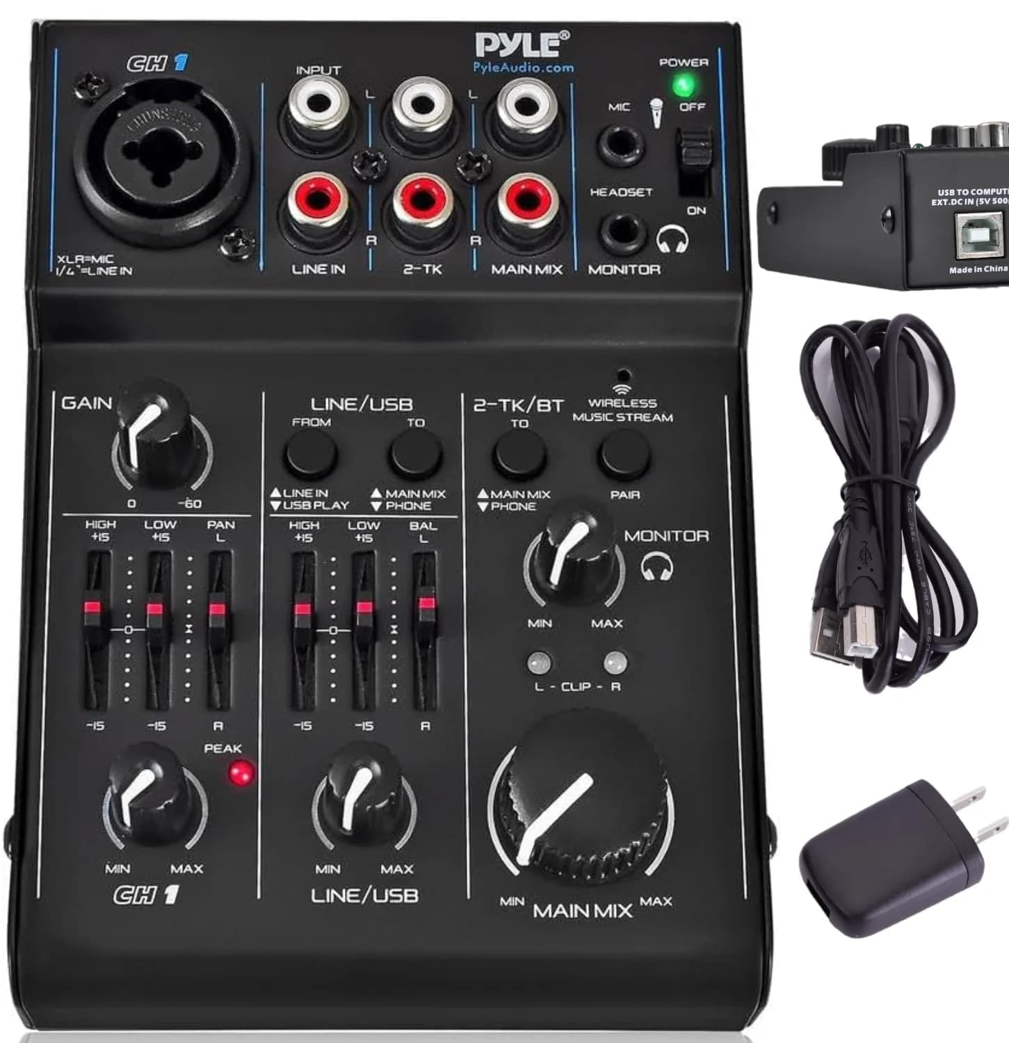 Pyle 3 Channel Bluetooth Audio Mixer | DJ Sound Controller Interface with USB Soundcard (4.0'' x 5.3'' x 1.6'') - main product image