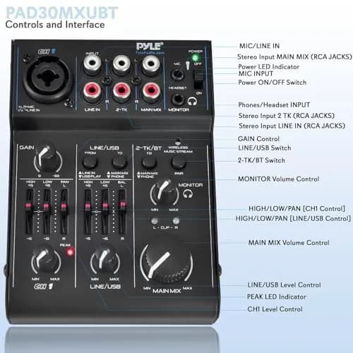 Pyle 3 Channel Bluetooth Audio Mixer | DJ Sound Controller Interface with USB Soundcard (4.0'' x 5.3'' x 1.6'') thumbnail 2
