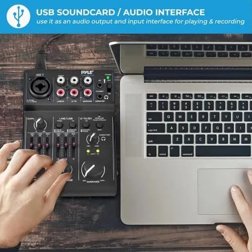 Pyle 3 Channel Bluetooth Audio Mixer | DJ Sound Controller Interface with USB Soundcard (4.0'' x 5.3'' x 1.6'') thumbnail 4
