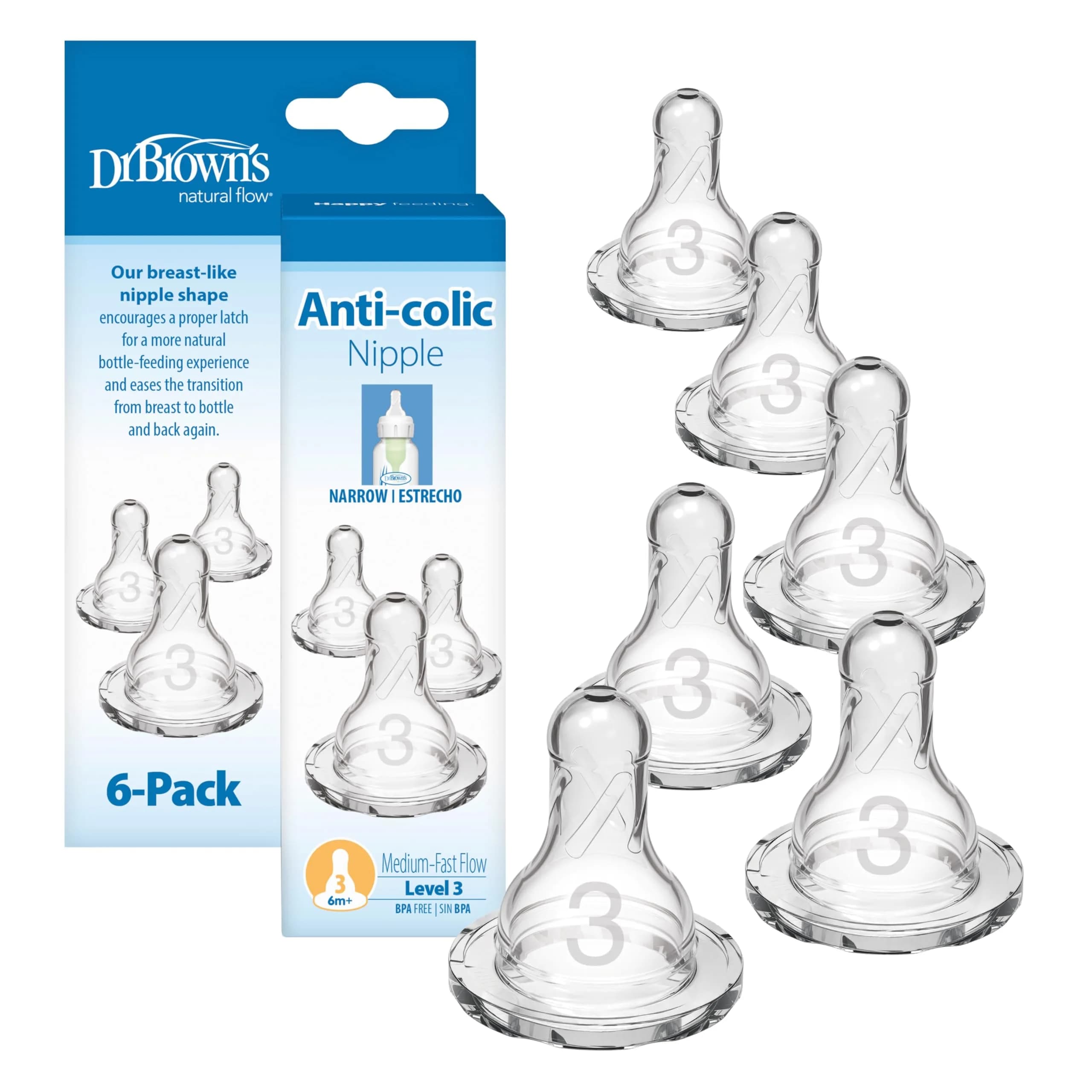 Dr. Brown's Narrow Level 3 Medium-Fast Flow Nipple, 6m+, 6-Pack | Clinically Proven Anti-Colic Nipple