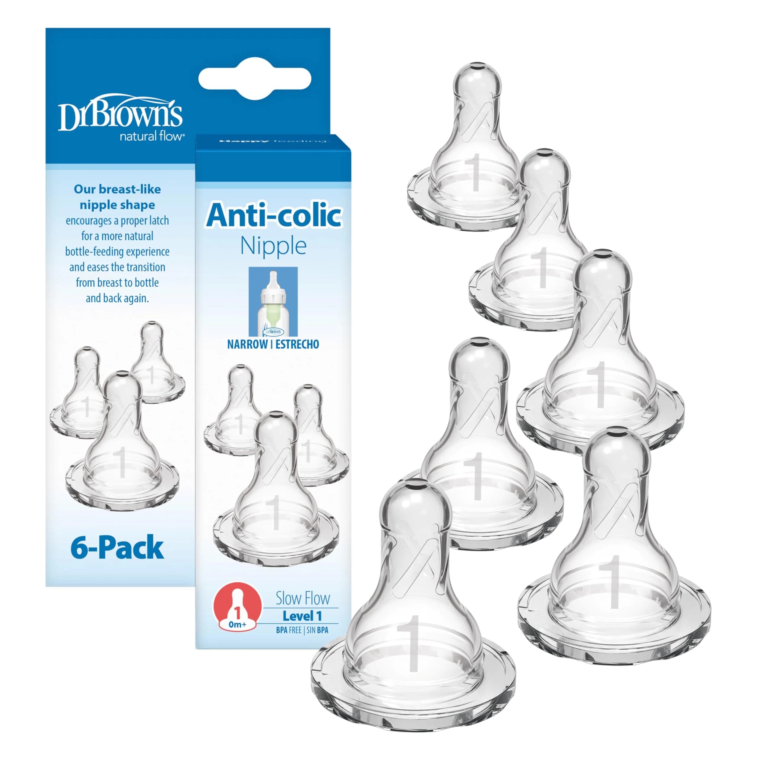 Dr. Brown's Narrow Level 1 Slow Flow Nipple, 0m+, 6-Pack | Clinically Proven Anti-Colic Nipple