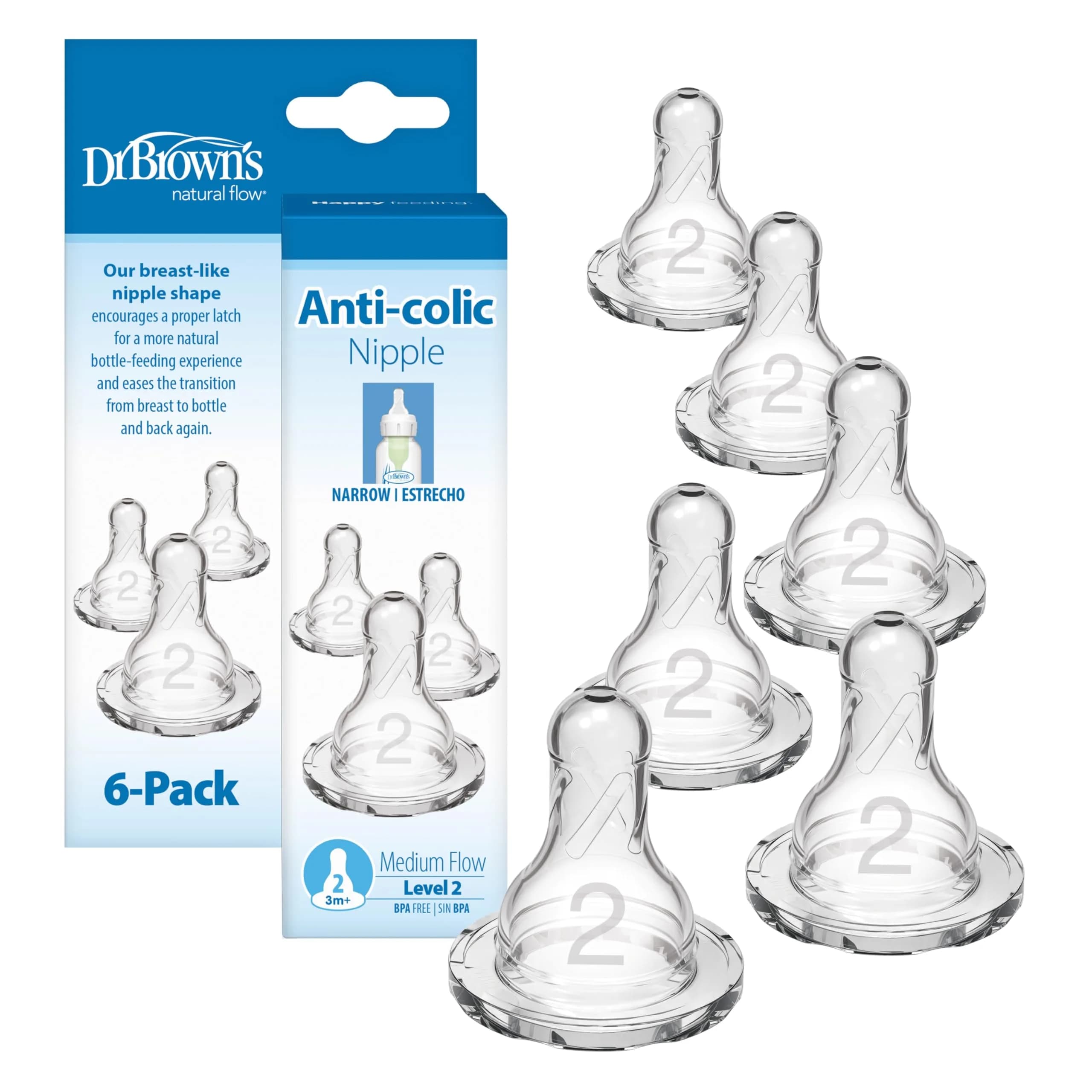 Dr. Brown's Narrow Level 2 Medium Flow Nipple 6-Pack | Clinically Proven Anti-Colic Nipple for 3m+ Babies - main product image