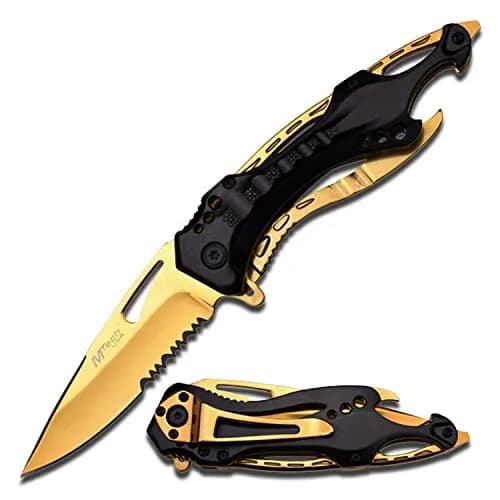MTECH USA MT-705BG-MC Folding Knife, Gold Half-Serrated Blade, Black Handle, 4.5" Closed thumbnail 1
