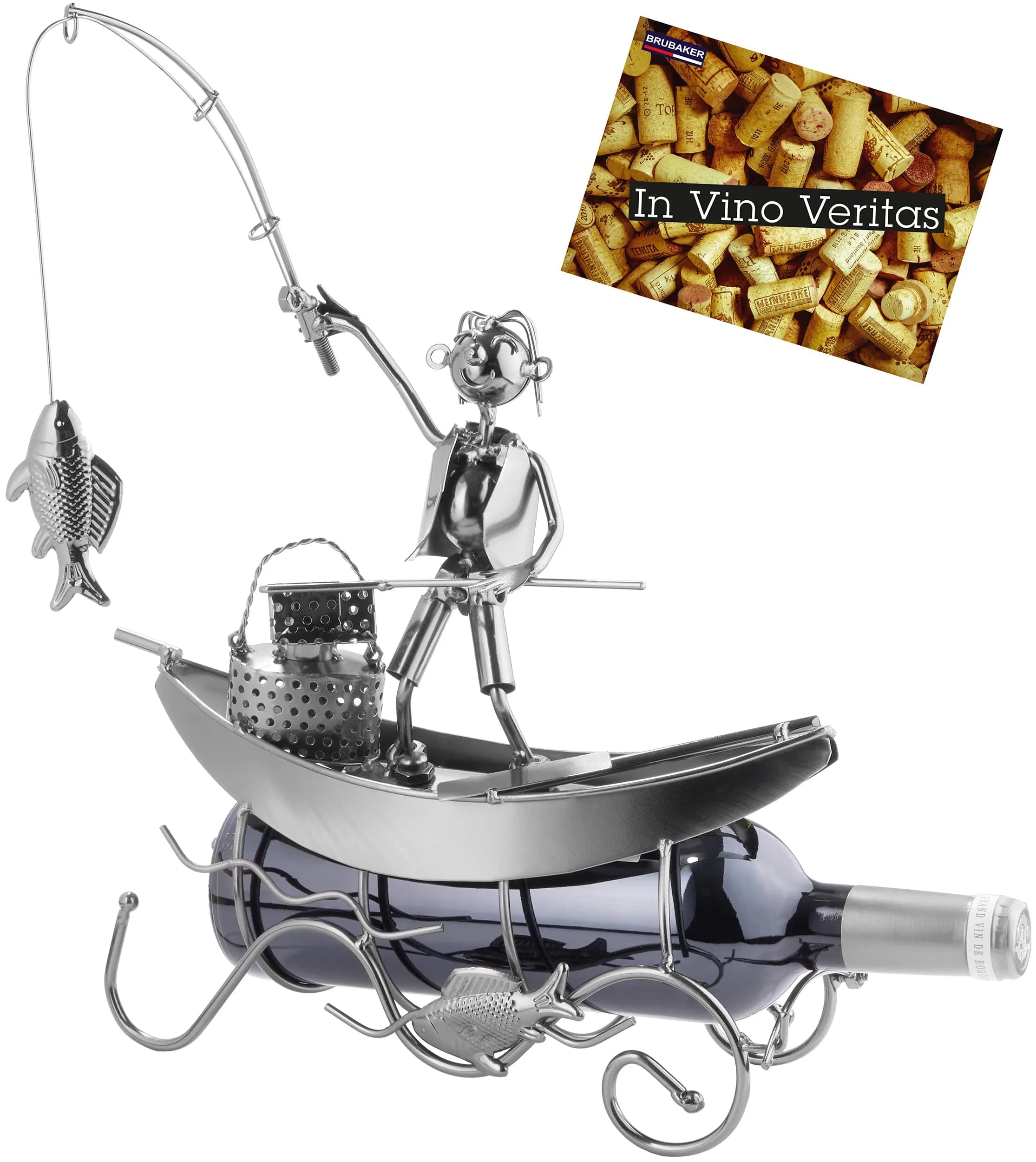 BRUBAKER Fisherman on a Boat Metal Wine Bottle Holder Statue Sculpture | 30.5 cm (11.8") L x 36.6 cm (14.6") H x 10.9 cm (4.3") W - main product image