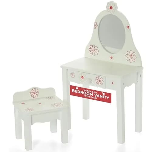 Emily Rose 18 Inch Doll Vanity & Bench Set with Storage – Realistic Wooden Furniture for Dolls thumbnail 1