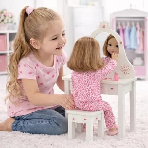 Emily Rose 18 Inch Doll Vanity & Bench Set with Storage – Realistic Wooden Furniture for Dolls thumbnail 2