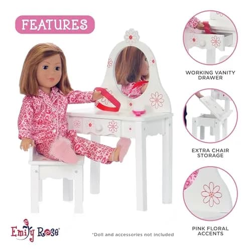 Emily Rose 18 Inch Doll Vanity & Bench Set with Storage – Realistic Wooden Furniture for Dolls thumbnail 4