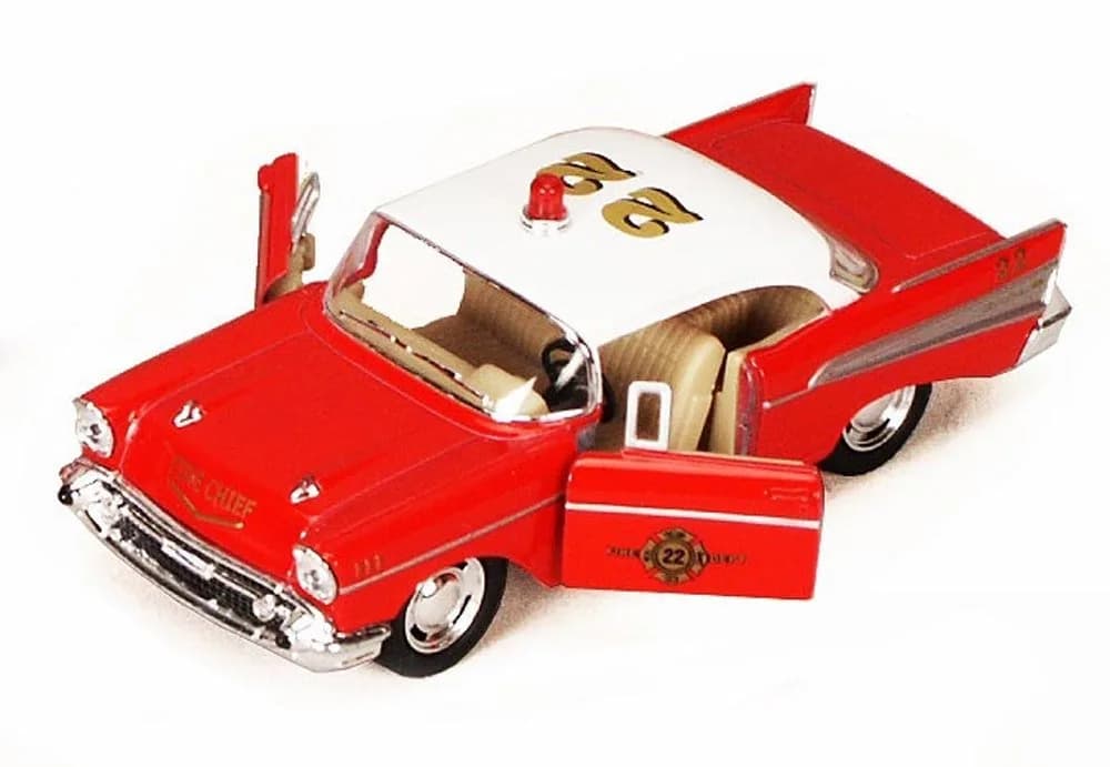 KiNSMART 1957 Chevy Bel Air Coupe 1:40 Scale 5" Die Cast Metal Classic Toy Car (Taxi) | Authentic Miniature with Pull-Back Action — Rescue Fire