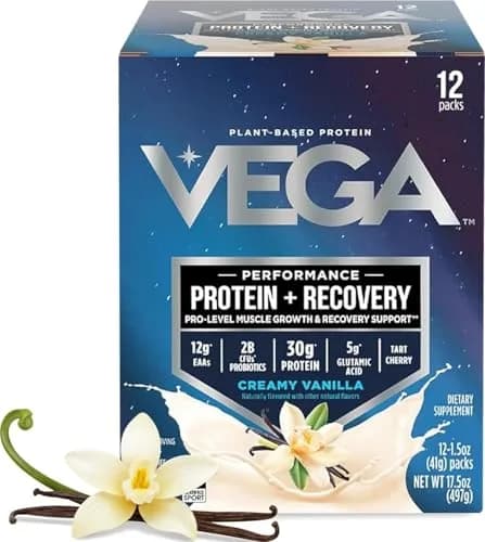 Vega Protein + Recovery Vanilla 12 x 1.6 oz - NSF Certified Plant-Based Protein Powder thumbnail 1
