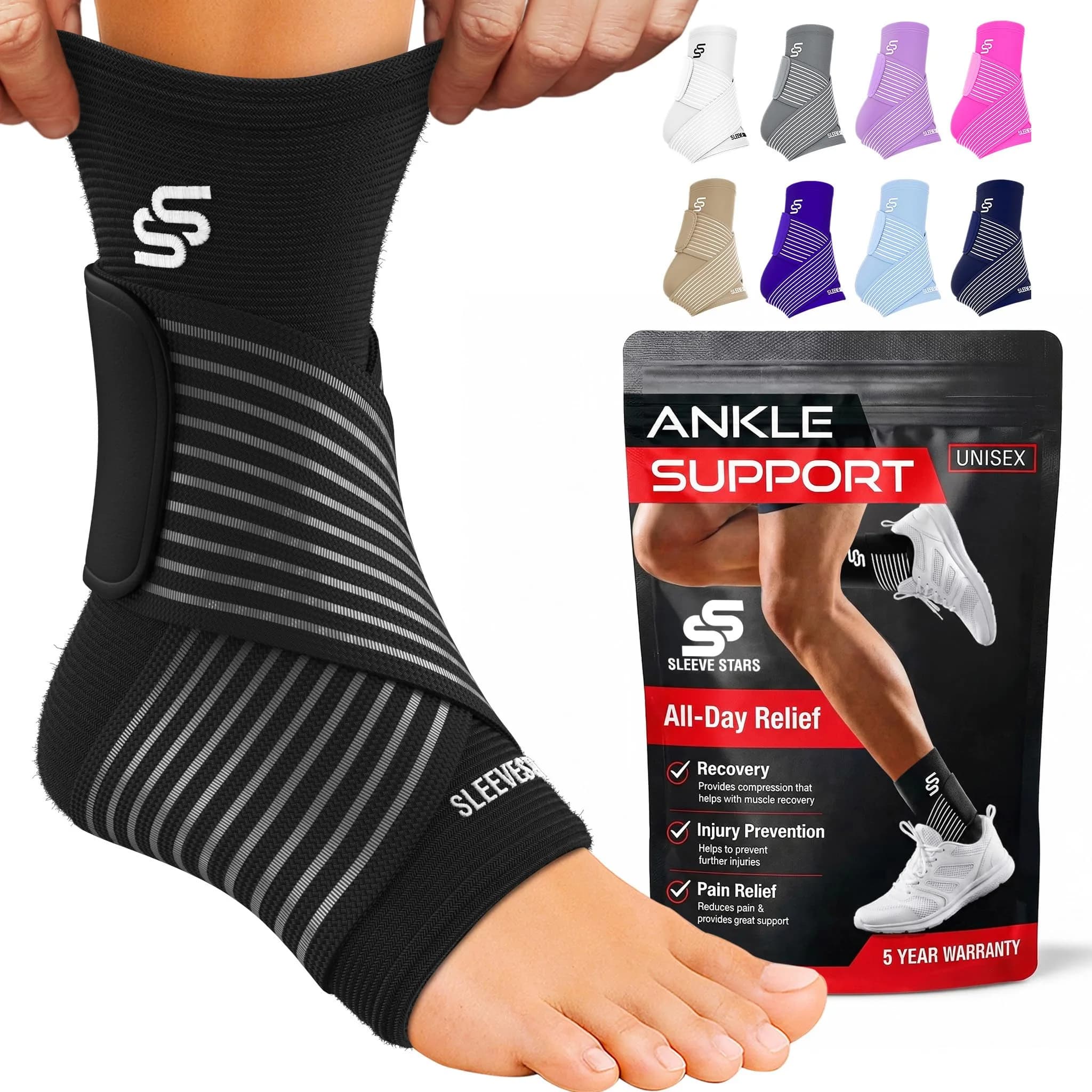 SS Sleeve Stars Black Adjustable Ankle Brace with Figure 8 Strap, Medium (10"-12") | Support for Sprains & Plantar Fasciitis
