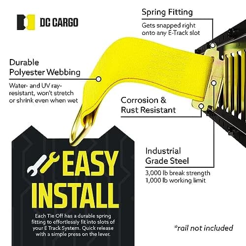 DC Cargo Mall E-Track Rope Tie-Offs, 2" x 6" Tie Down Straps - 10 Pack, with D Ring (3000Lbs Break Strength), E Tack Accessories for Load Securement in Pickups, Trailers, Trucks, Boats, Vans, Cars thumbnail 3