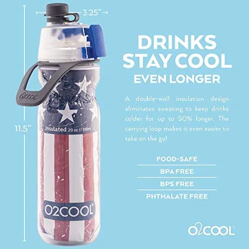 O2COOL Mist N Sip 20 oz (591 ml) Misting Reusable Sports Water Bottle Patriot | Keeps Cold 50% Longer thumbnail 3
