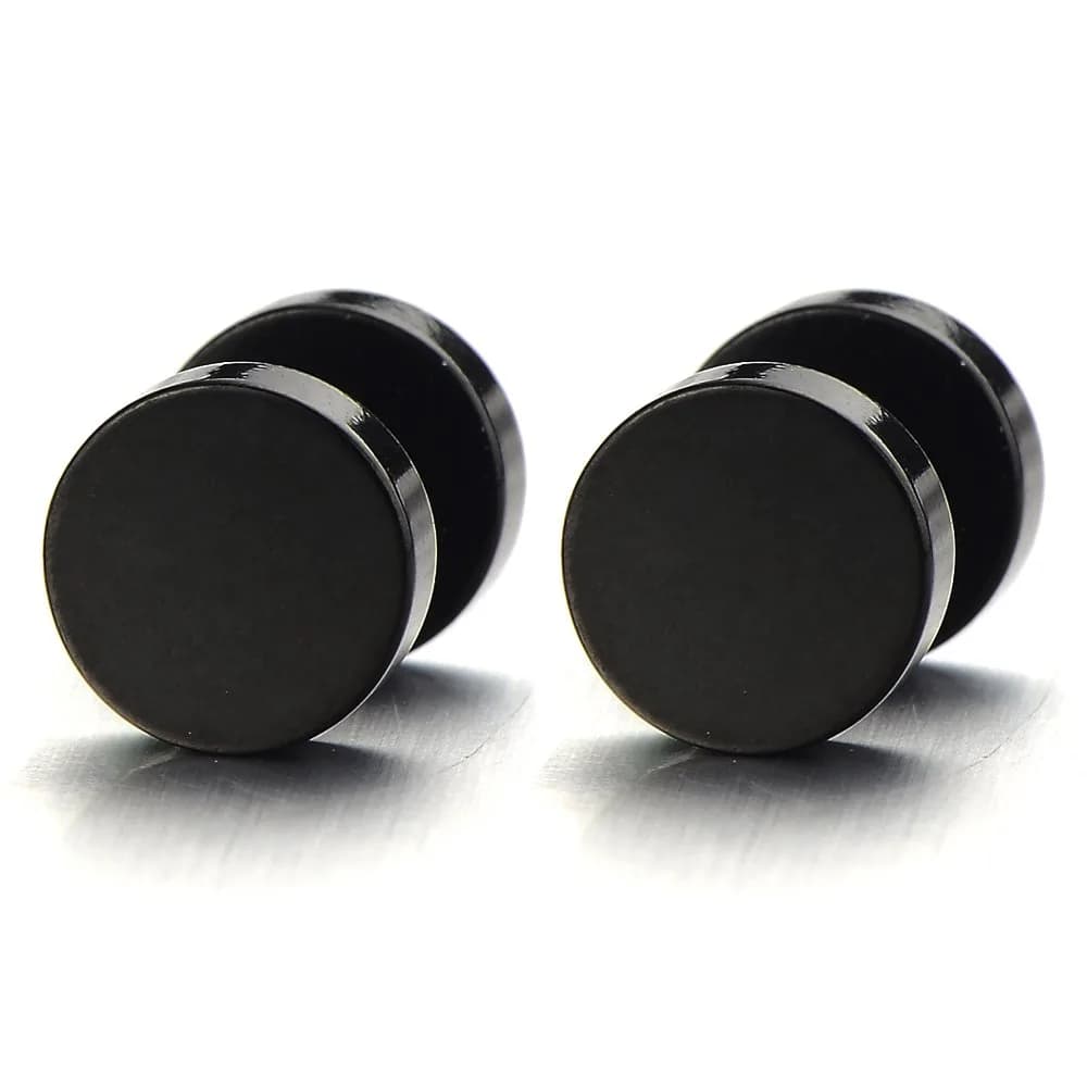 COOLSTEELANDBEYOND 10MM Black Screw Stud Earrings | Unisex Steel Gauge Illusion — A-Metal Color:Black