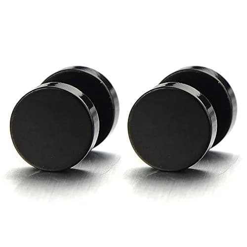 COOLSTEELANDBEYOND Black Fake Plug Earrings for Men Women | Stainless Steel Faux Gauge Stud Earrings 16MM thumbnail 1