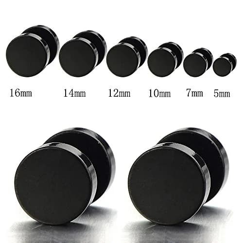 COOLSTEELANDBEYOND Black Fake Plug Earrings for Men Women | Stainless Steel Faux Gauge Stud Earrings 16MM thumbnail 2