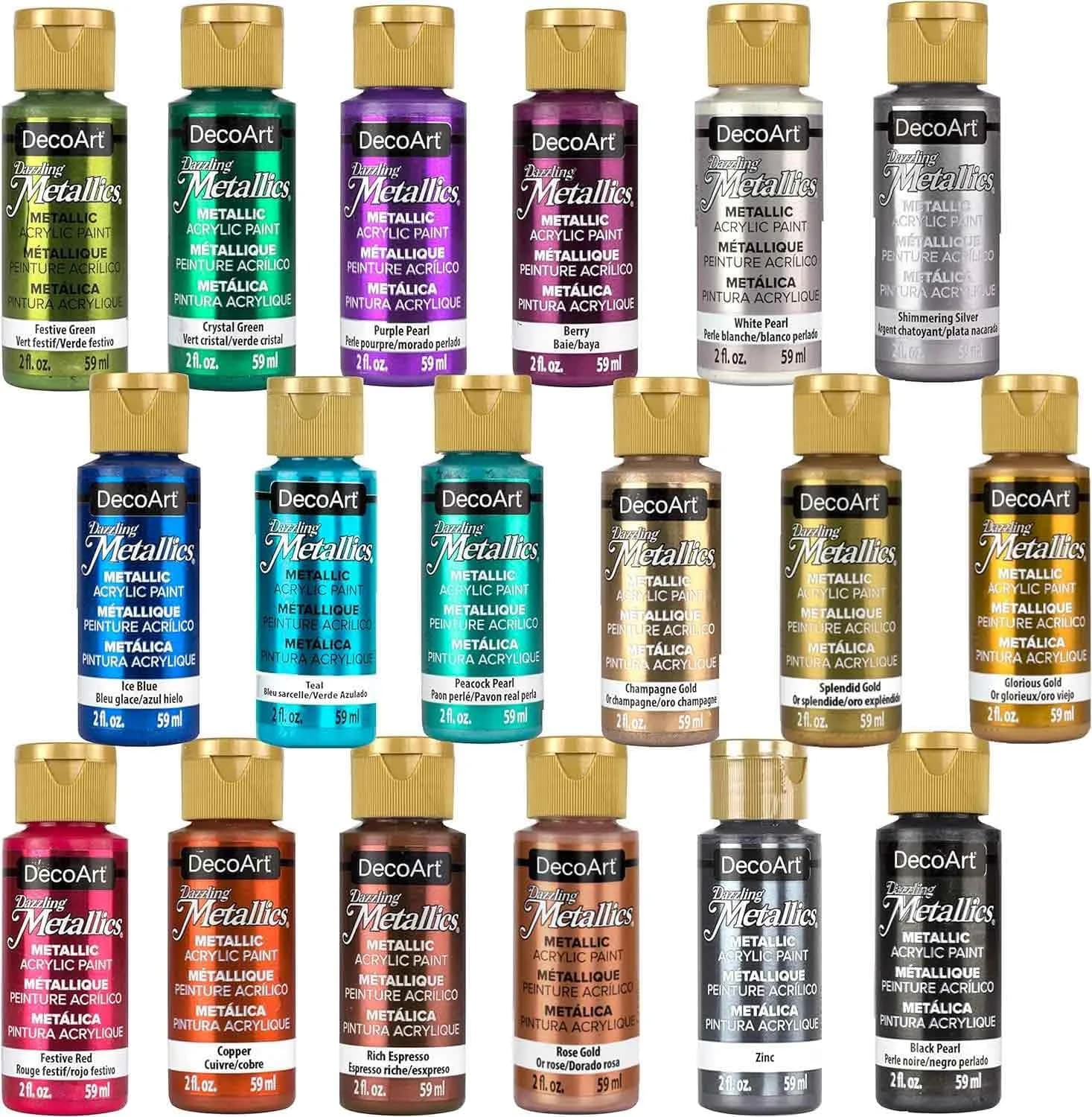 DecoArt Americana Acrylics Dazzling Metallics Paint Set 18 Colors 2 fl oz (50ml) Bottles | Non-Toxic Water-Based Craft Paint - main product image