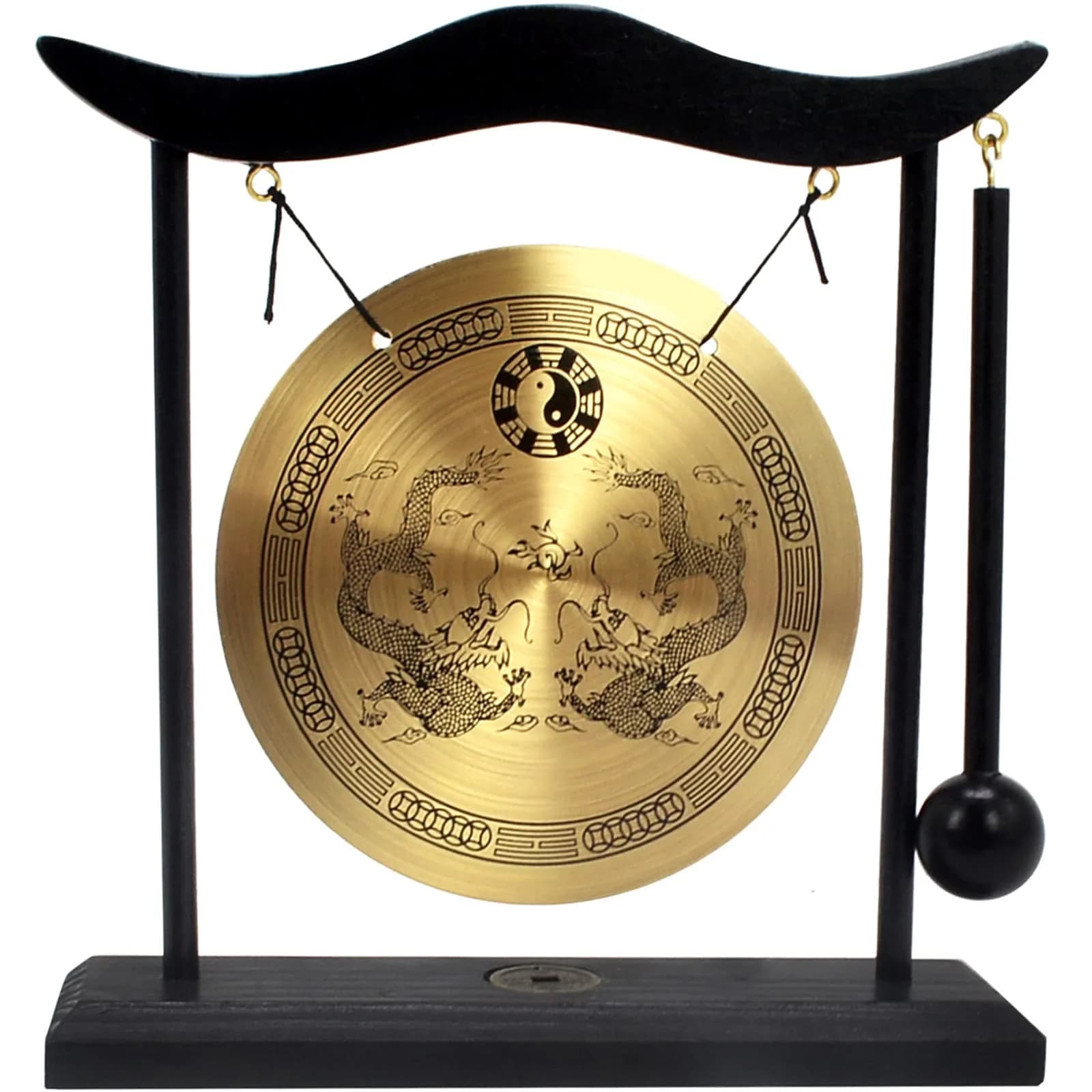 Feng Shui Brass Gong Desktop Zen Art with Wooden Stand & Red String Bracelet | 20cm (8in) Height — H1303