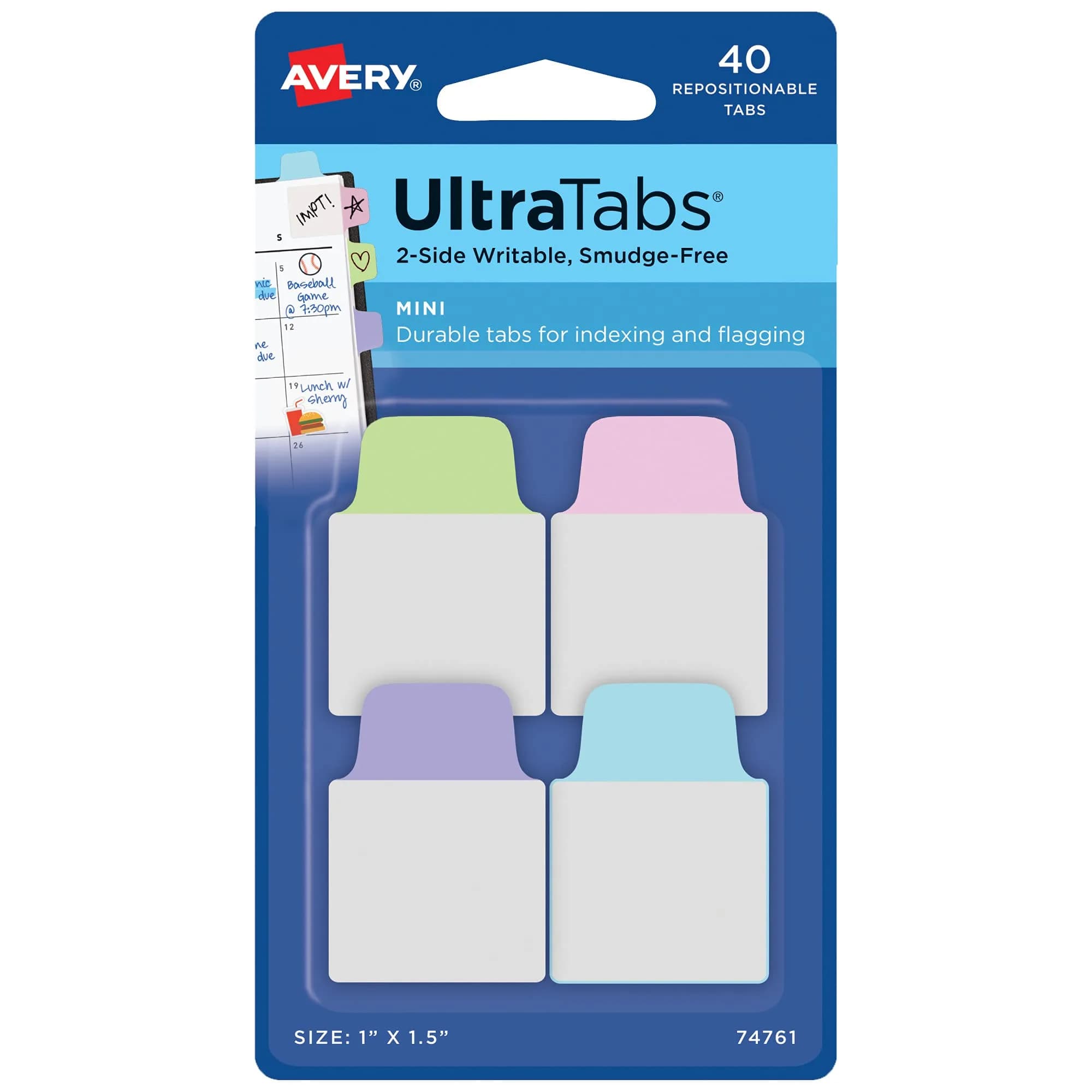 Avery Mini Ultra Tabs, 1" x 1.5" Repositionable, 40 Pastel Tabs | Durable, Repositionable Office & School Labels - main product image
