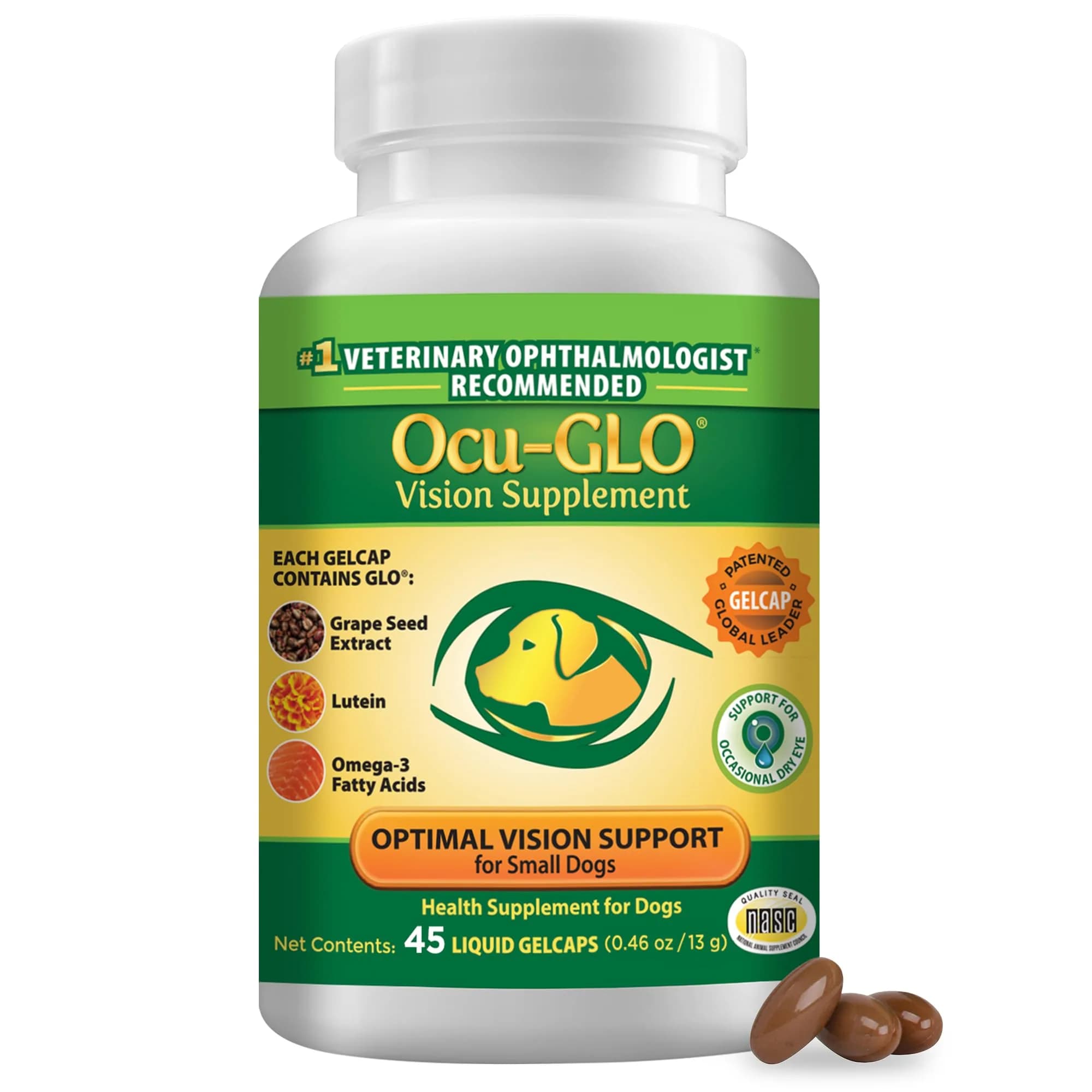 Ocu-GLO Vision Supplement for Small Dogs 45ct Liquid Gelcaps | Eye Health Support with Lutein & Omega-3 - main product image