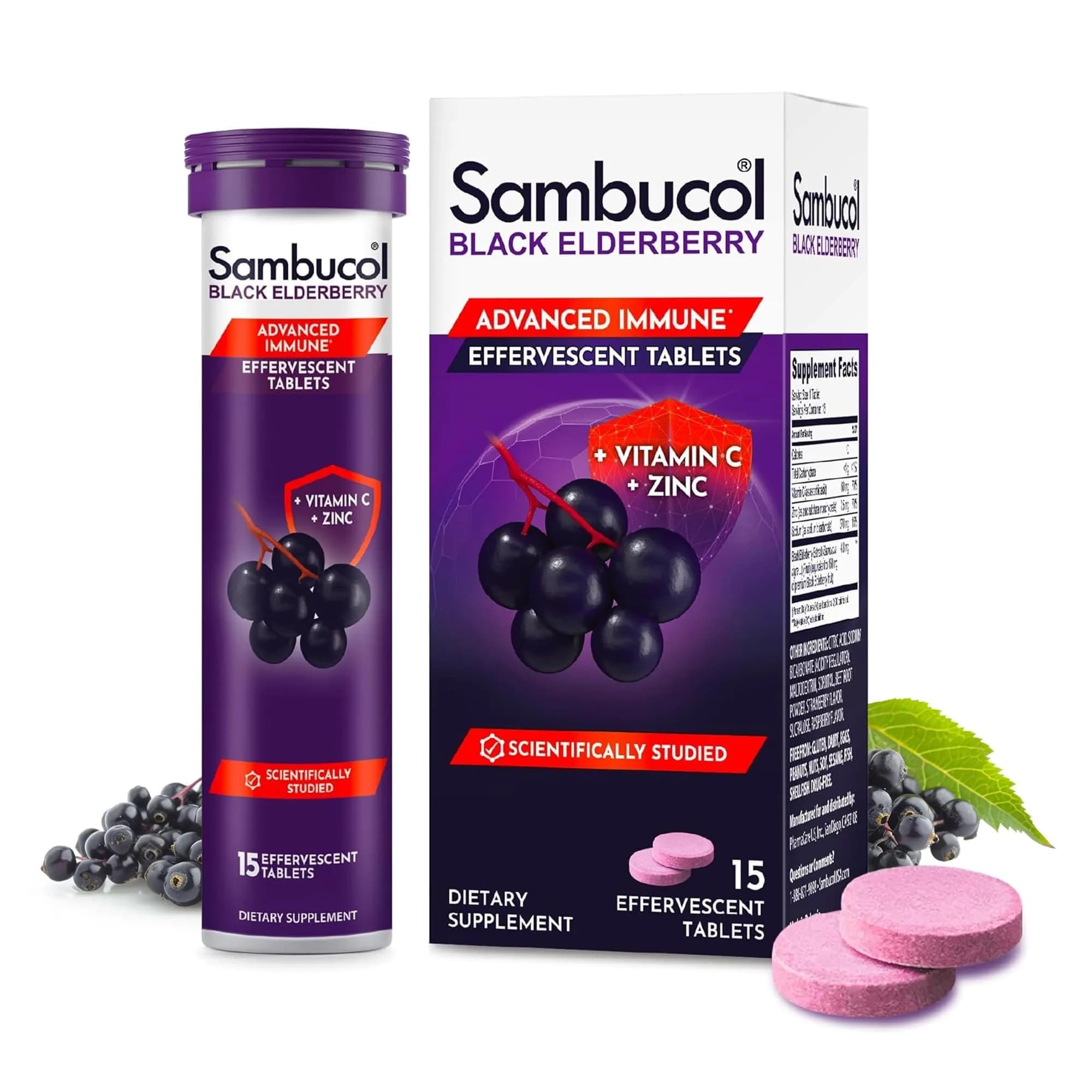 Sambucol Black Elderberry Effervescent Tablets 15 Count | Immune Support with Vitamin C & Zinc - main product image