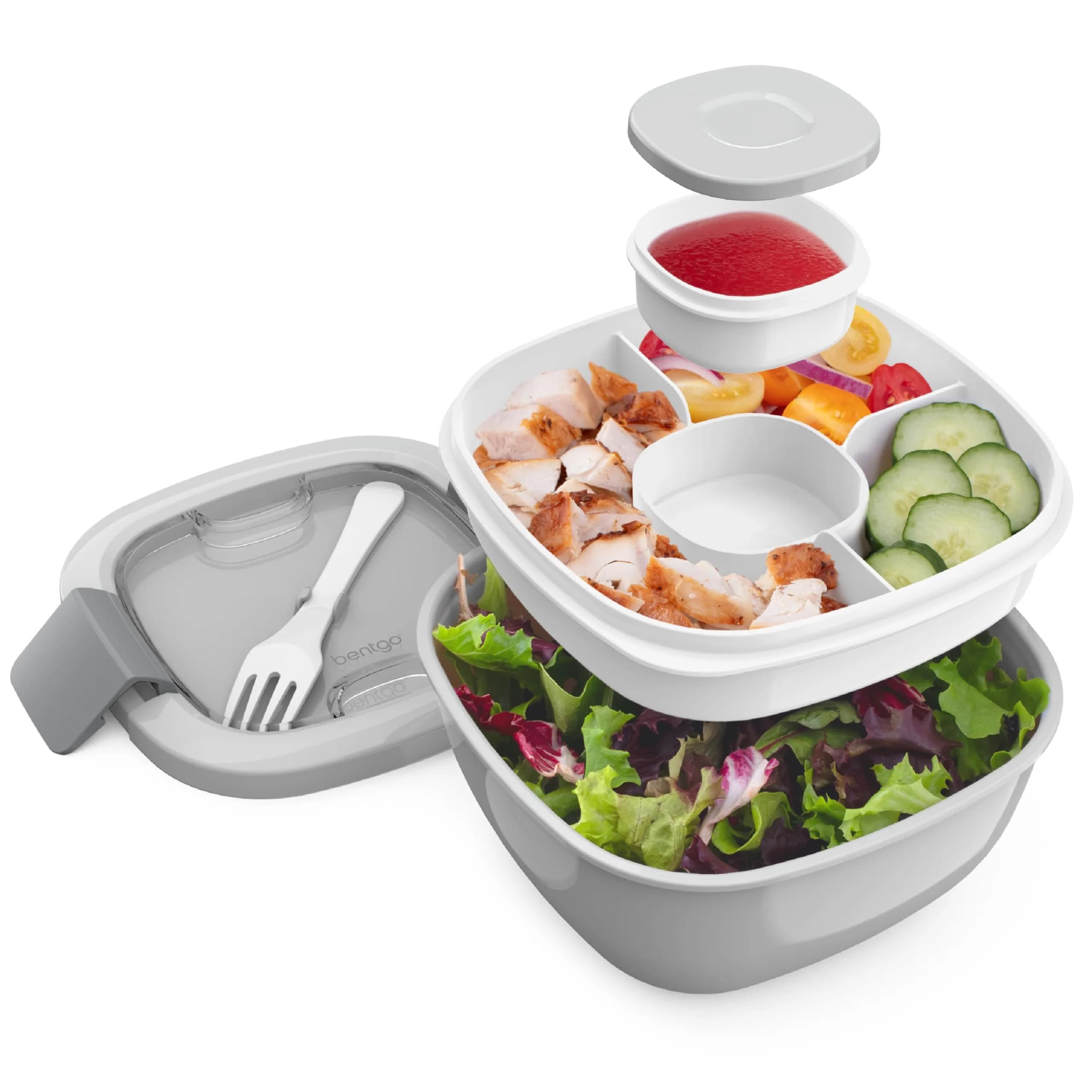 Bentgo Salad Container, Lunch Bowl with 4-Compartment Toppings Tray, 1.9 L (54 oz) | Leak-Proof Dressing Container, Reusable Fork, BPA-Free, Microwave & Dishwasher Safe — Gray