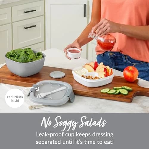 Bentgo Gray 54 oz Salad Container with 4-Compartment Tray | Leak-Proof Dressing Container & Reusable Fork thumbnail 4