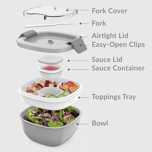 Bentgo Gray 54 oz Salad Container with 4-Compartment Tray | Leak-Proof Dressing Container & Reusable Fork thumbnail 6