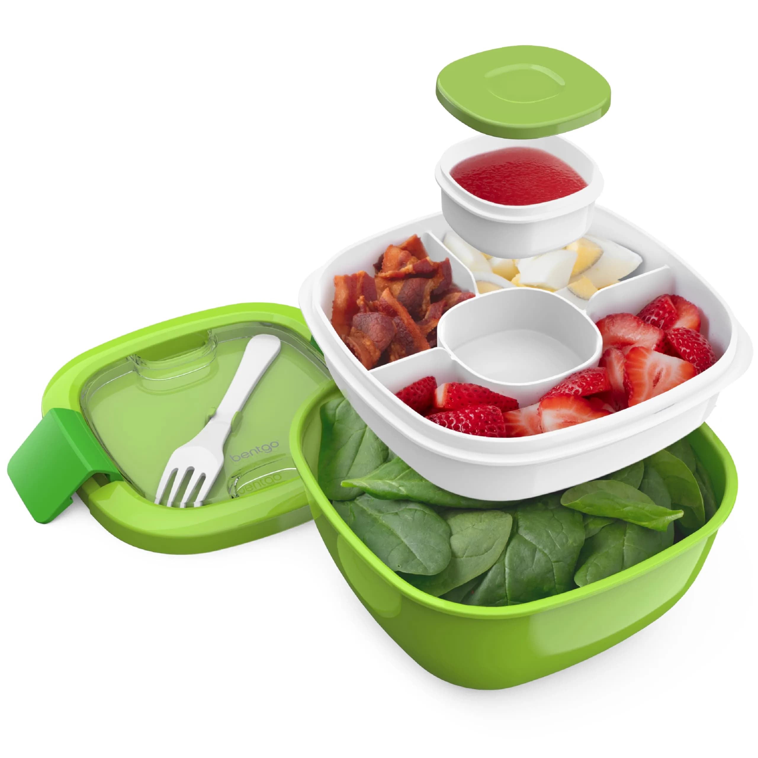 Bentgo Salad Container Green 54 oz | Leak-Proof Meal Prep Lunch Box with 4-Compartment Tray & Fork