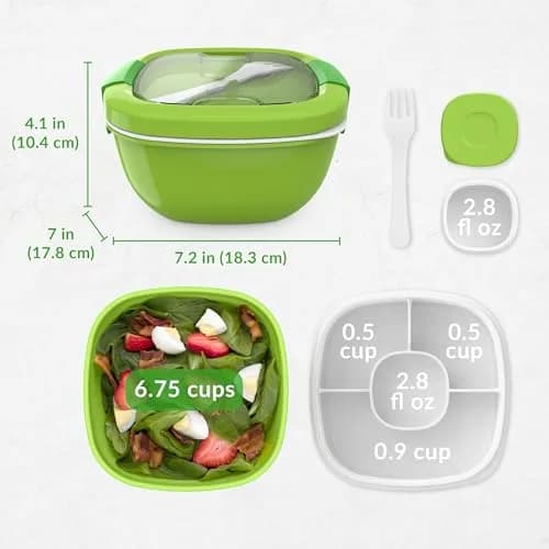 Bentgo Salad Container Green 54 oz | Leak-Proof Meal Prep Lunch Box with 4-Compartment Tray & Fork thumbnail 7