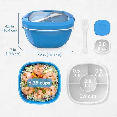 Bentgo Salad Container Blue 1.6L (54 oz) | Leak-Proof Lunch Bowl with 4-Compartment Toppings Tray & Fork thumbnail 7