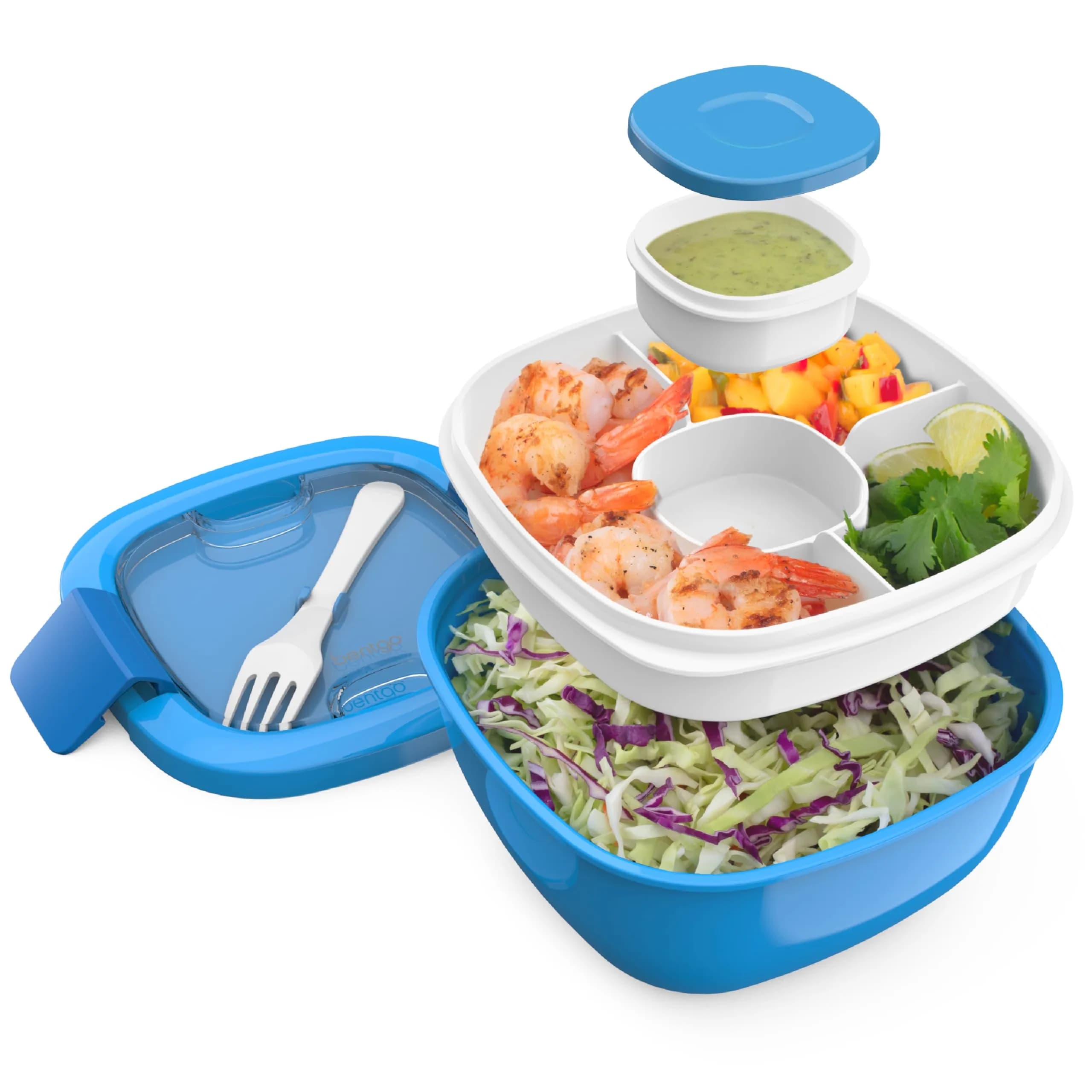 Bentgo Salad Container Blue 1.6L (54 oz) | Leak-Proof Lunch Bowl with 4-Compartment Toppings Tray & Fork