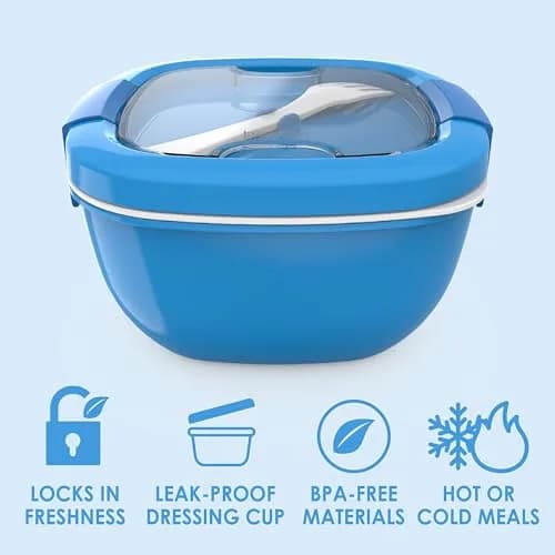 Bentgo Salad Container Blue 1.6L (54 oz) | Leak-Proof Lunch Bowl with 4-Compartment Toppings Tray & Fork thumbnail 3