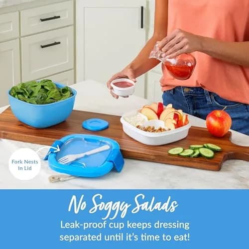 Bentgo Salad Container Blue 1.6L (54 oz) | Leak-Proof Lunch Bowl with 4-Compartment Toppings Tray & Fork thumbnail 4